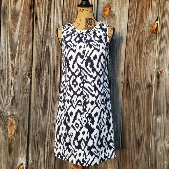Linen Ikat Print Dress Ann Taylor LOFT Sz 0 Navy White Sleeveless Ruffle Collar - Picture 1 of 9
